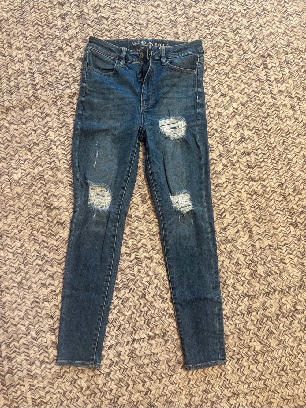 American Eagle Outfitters Dark Blue Distressed Super High Rise Jegging